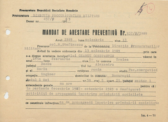 13 noiembrie 1989. Mandat de arestare preventivă pe numele lui Constantin Geangu