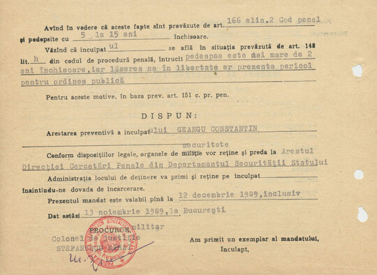 13 noiembrie 1989. Mandat de arestare preventivă pe numele lui Constantin Geangu