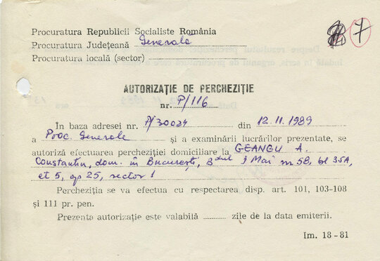 12 noiembrie 1989. Autorizație de percheziție la domiciliul lui Constantin Geangu