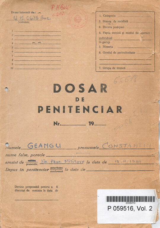 Coperta dosarului de penitenciar pe numele lui Constantin Geangu