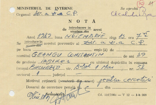13 noiembrie 1989. Nota de introducere în Arestul Securității a lui Constantin Geangu