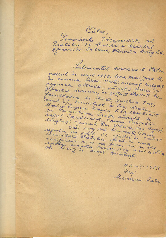 25 ianuarie 1963. Cererea lui Pătru Morariu de a deveni ofițer de Securitate