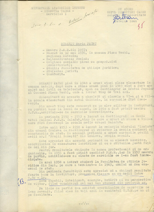 3 mai 1963. Referat pentru încadrarea lui Pătru Morariu în Securitate