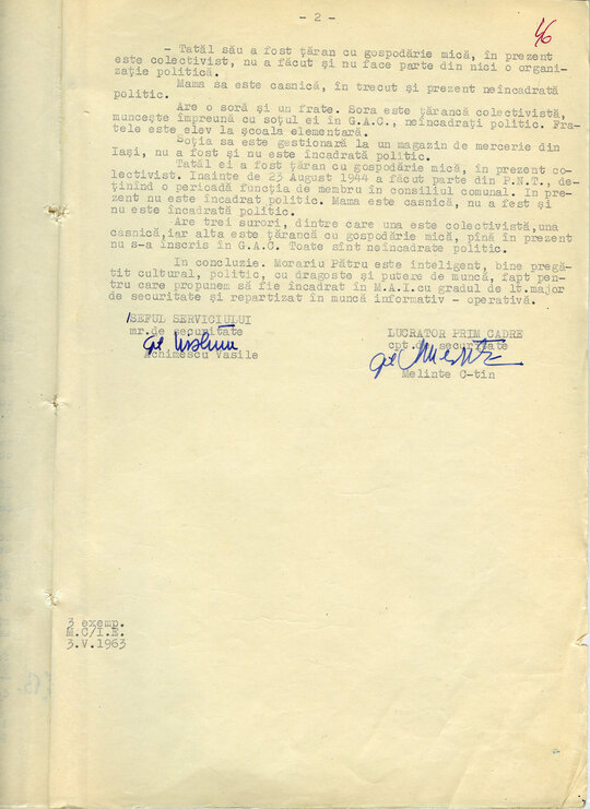 3 mai 1963. Referat pentru încadrarea lui Pătru Morariu în Securitate