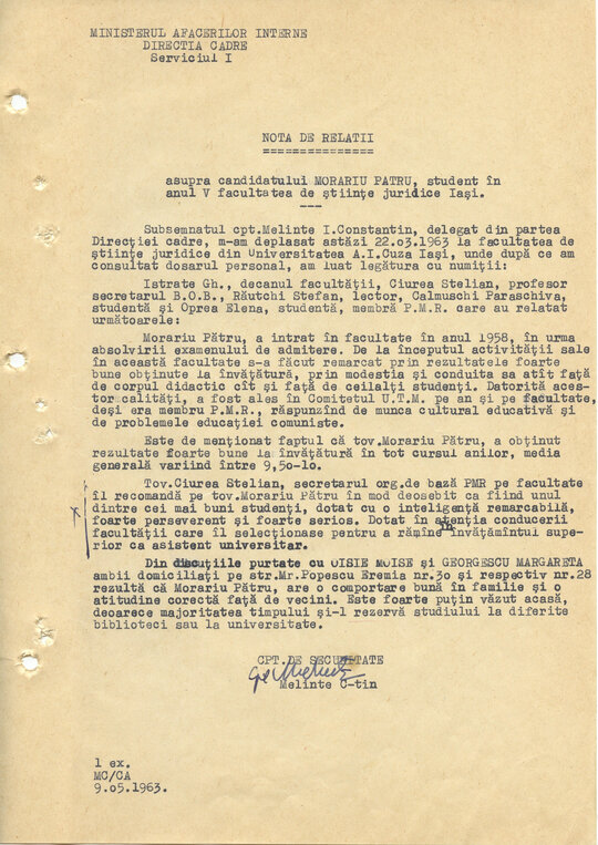 9 mai 1963. „Notă de relații” despre caracterul și comportamentul lui Pătru Morariu, necesară Direcției Cadre a Securității