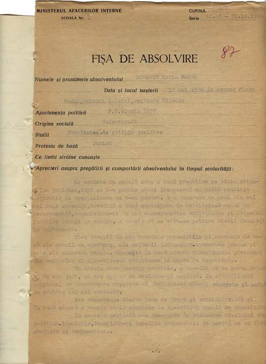 1 noiembrie 1965. „Fișa de absolvire” a cursurilor de 3 luni la Școala nr. 1 Băneasa, specializarea Securitate