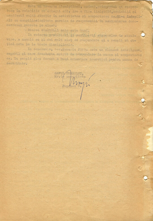 1 noiembrie 1965. „Fișa de absolvire” a cursurilor de 3 luni la Școala nr. 1 Băneasa, specializarea Securitate