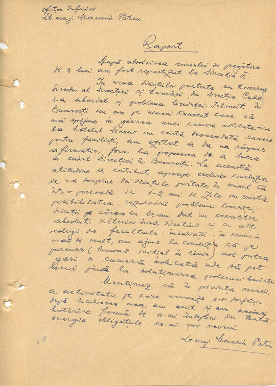 Noiembrie 1963. Raportul lt-maj. Morariu Pătru către superior în legătură cu obținerea unei locuințe în București