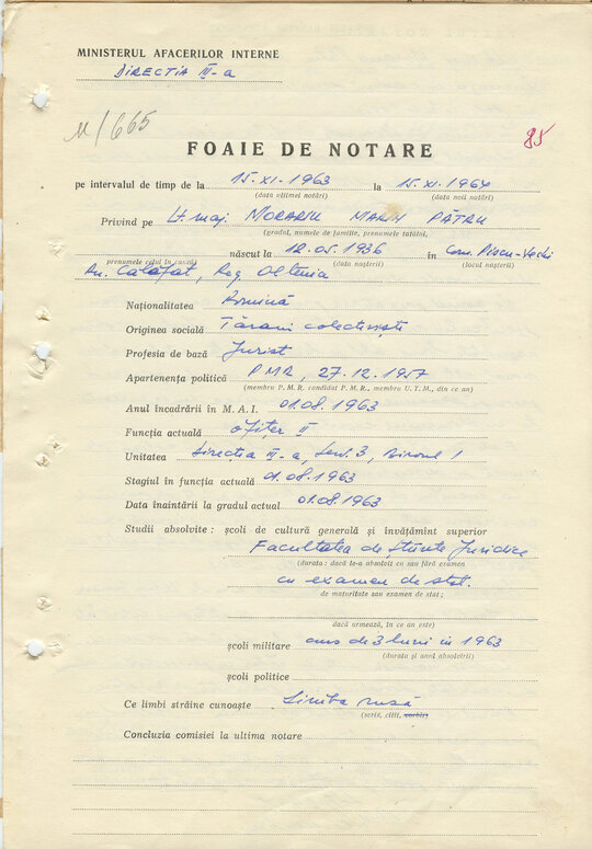 14 noiembrie 1964. „Foaie de notare” pentru activitatea lt-maj. Morariu Pătru în Direcția a III-a a Securității în perioada 15 noiembrie 1963 – 15 noiembrie 1964