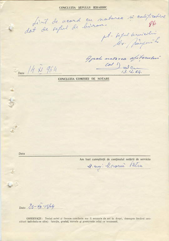 14 noiembrie 1964. „Foaie de notare” pentru activitatea lt-maj. Morariu Pătru în Direcția a III-a a Securității în perioada 15 noiembrie 1963 – 15 noiembrie 1964