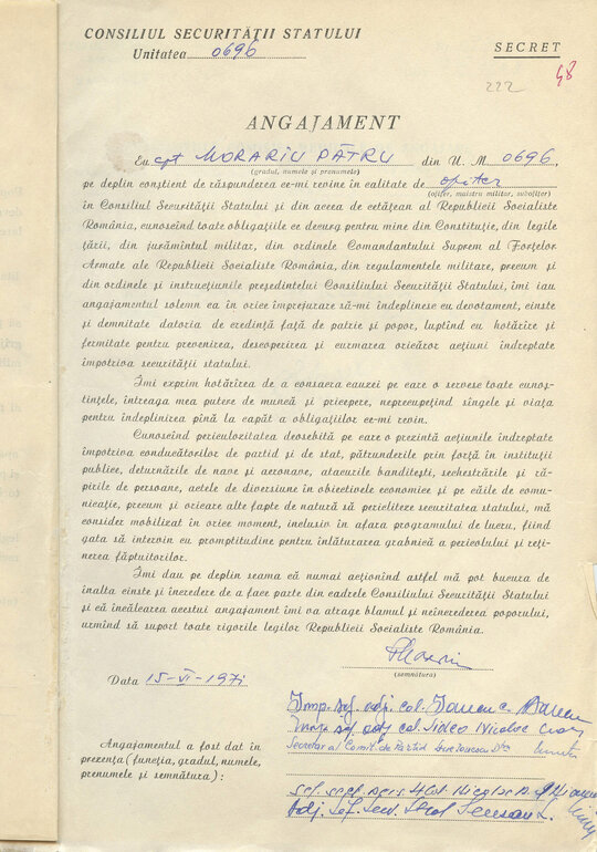 15 iunie 1971. „Angajamentul” semnat de căpitanul Morariu Pătru
