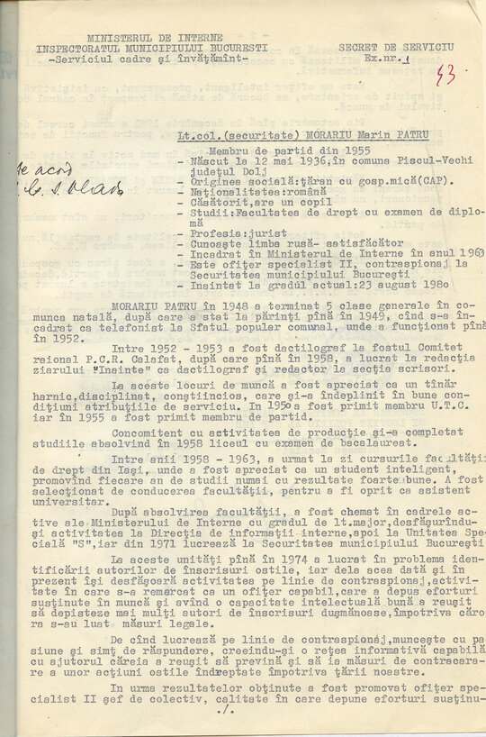 26 martie 1982. Referat de cadre pentru lt-col. Morariu Pătru, propus pentru promovare. Documentul a fost aprobat de șeful Direcției Cadre din Securitate, gl-lt. Vlad Iulian