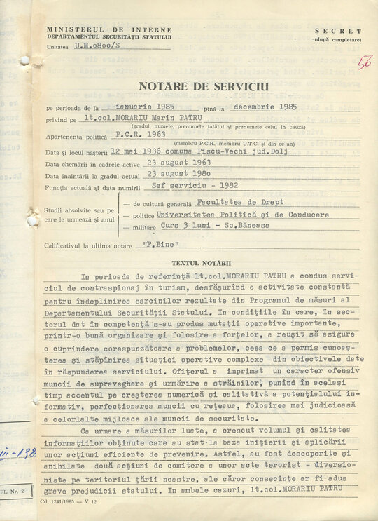 1986. „Notarea de serviciu” pentru activitatea lt-col. Morariu Pătru în perioada ianuarie-decembrie 1985