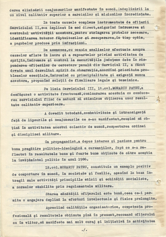 29 ianuarie 1987. „Notarea de serviciu” pentru activitatea lt-col. Morariu Pătru în perioada 1 ianuarie-31 decembrie 1986