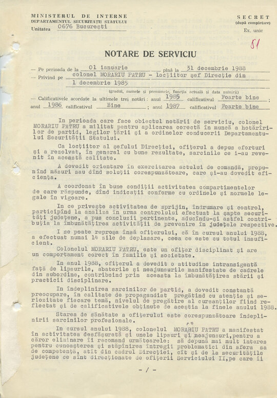 4 ianuarie 1989. „Notare de serviciu” pentru activitatea col. Morariu Pătru în perioada 1 ianuarie-31 decembrie 1988