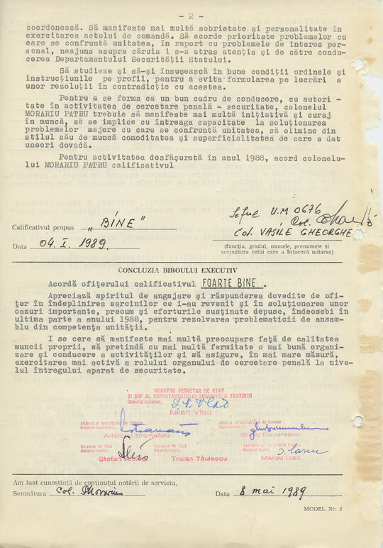 4 ianuarie 1989. „Notare de serviciu” pentru activitatea col. Morariu Pătru în perioada 1 ianuarie-31 decembrie 1988
