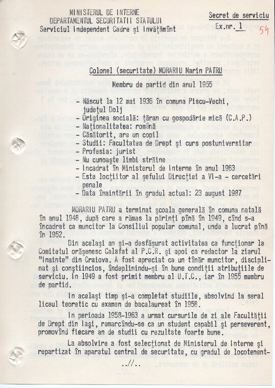 3 decembrie 1989. Referat de cadre pentru col. Morariu Pătru