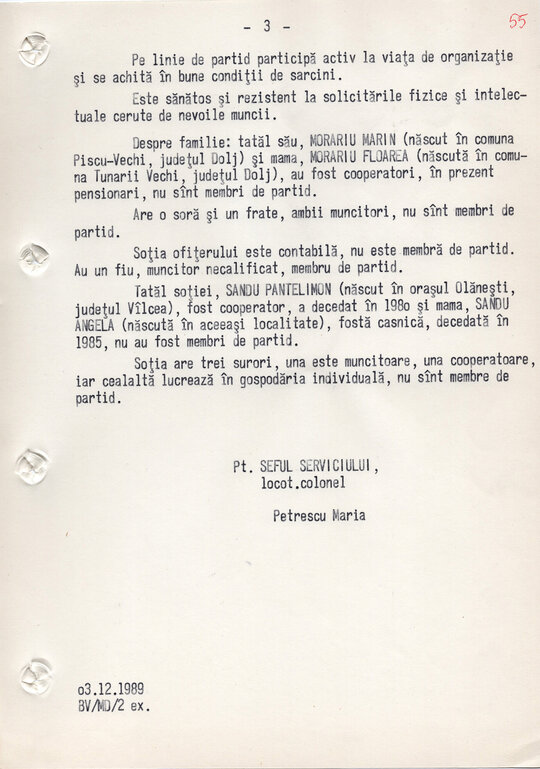3 decembrie 1989. Referat de cadre pentru col. Morariu Pătru