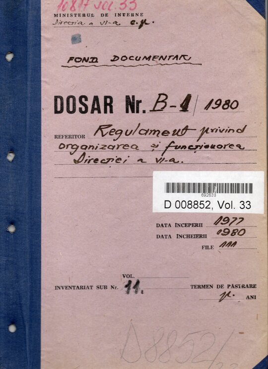 20 mai 1980. Regulamentul nr. D/00134 din 20 mai 1980 privind organizarea și funcționarea Direcției a VI-a Cercetări Penale